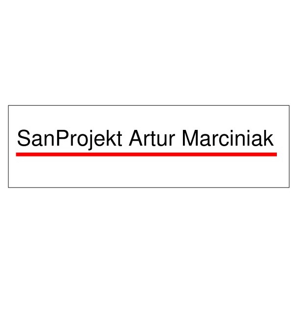 Logo firmy SanProjekt Artur Marciniak z czerwoną linią pod nazwą, umieszczone w prostokątnej ramce.