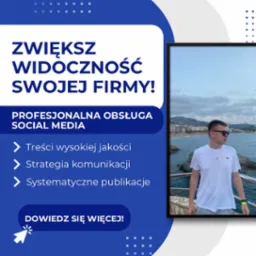 Grafika reklamowa z hasłem 'Zwiększ widoczność swojej firmy!', oferująca profesjonalną obsługę social media, z listą korzyści: treści wysokiej jakości, strategia komunikacji i systematyczne...