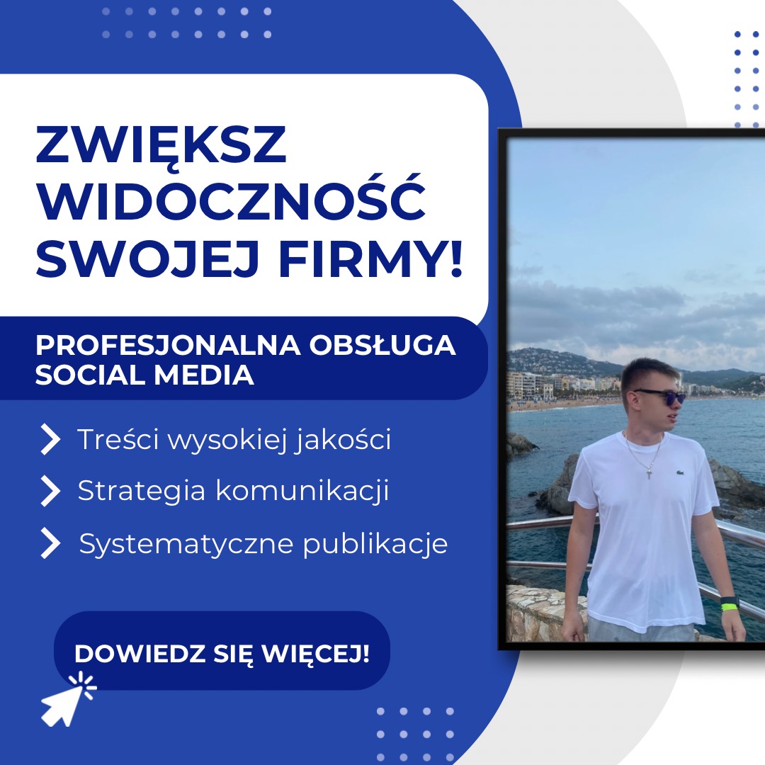 Grafika reklamowa z hasłem 'Zwiększ widoczność swojej firmy!', oferująca profesjonalną obsługę social media, z listą korzyści: treści wysokiej jakości, strategia komunikacji i systematyczne...
