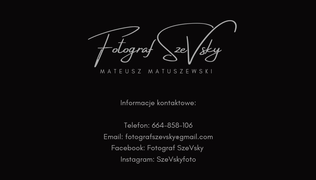 Wizytówka fotografa: logo 'Fotograf SzeVsky', imię i nazwisko Mateusz Matuszewski, informacje kontaktowe: telefon, email, Facebook, Instagram.