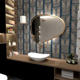 Nowoczesna łazienka z owalną umywalką nablatową, złotą armaturą i lustrem w złotej ramie na tle tapety w morskim kolorze z motywem syren. Po lewej stronie wysoka szafka z podświetlanymi półkami.