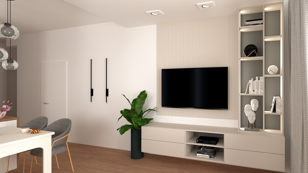 Wizualizacja salonu z minimalistyczną ścianą TV, podświetlanym regałem, i nowoczesnymi lampami ściennymi. Na pierwszym planie stół jadalny z szarymi krzesłami i elementami śniadania.