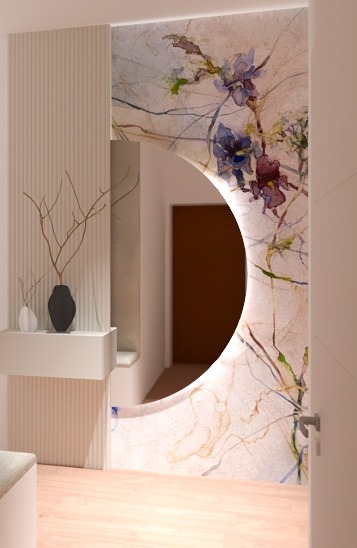 Nowoczesny przedpokój z okrągłym lustrem podświetlonym LED, dekoracyjną ścianą z motywem kwiatowym w stylu akwareli, konsolą z wazonami i drewnianą podłogą.