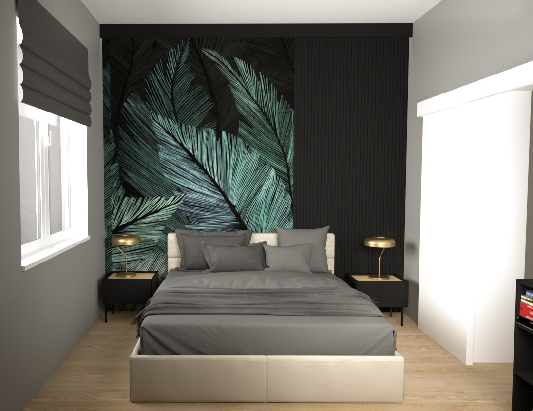 Wizualizacja sypialni z łóżkiem, szafkami nocnymi i lampkami w stylu art deco na tle ściany z motywem tropikalnych liści i paneli ściennych.