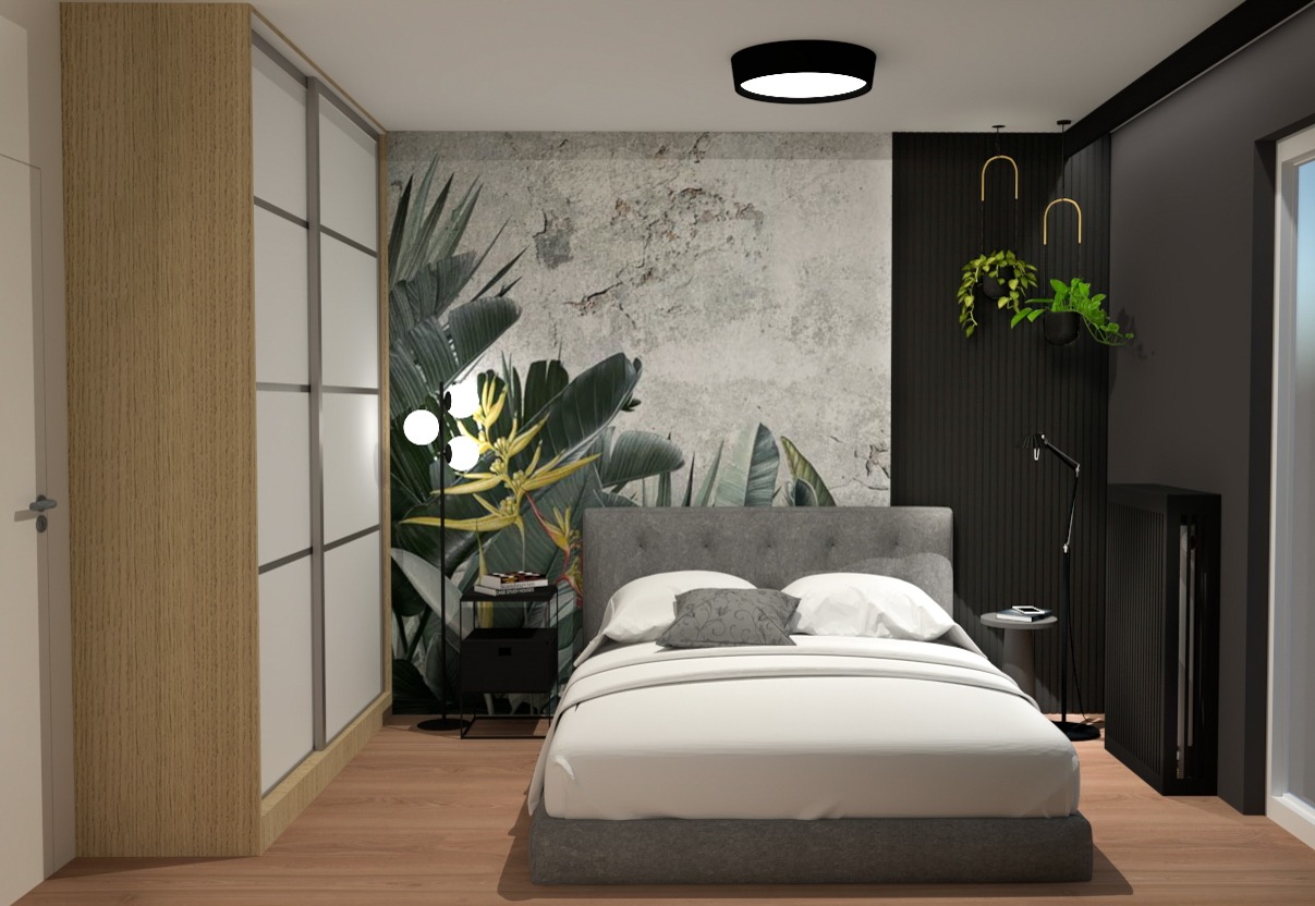 Sypialnia w stylu nowoczesnym z łóżkiem kontynentalnym, tapetą z motywem tropikalnych liści, szafą przesuwną z elementami drewna i roślinami wiszącymi pod sufitem.