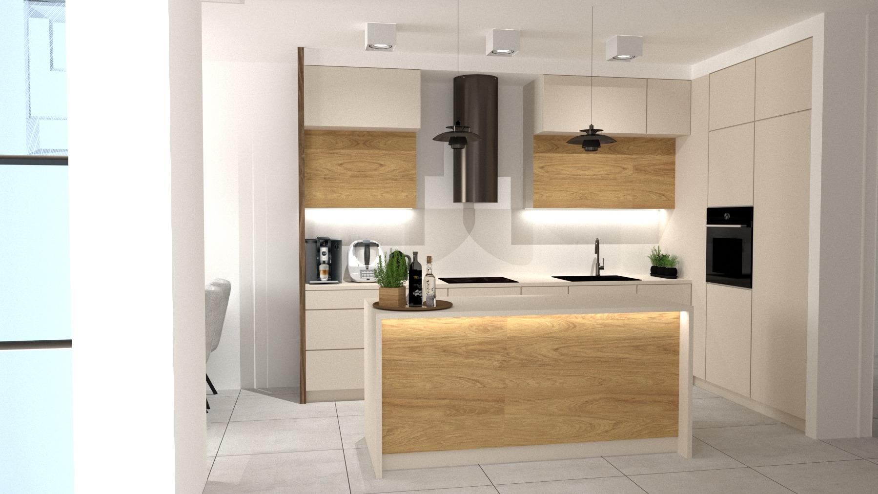 Wizualizacja nowoczesnej kuchni z drewnianymi akcentami, wyspą z podświetleniem LED, minimalistycznym okapem i ekspresami do kawy na blacie.