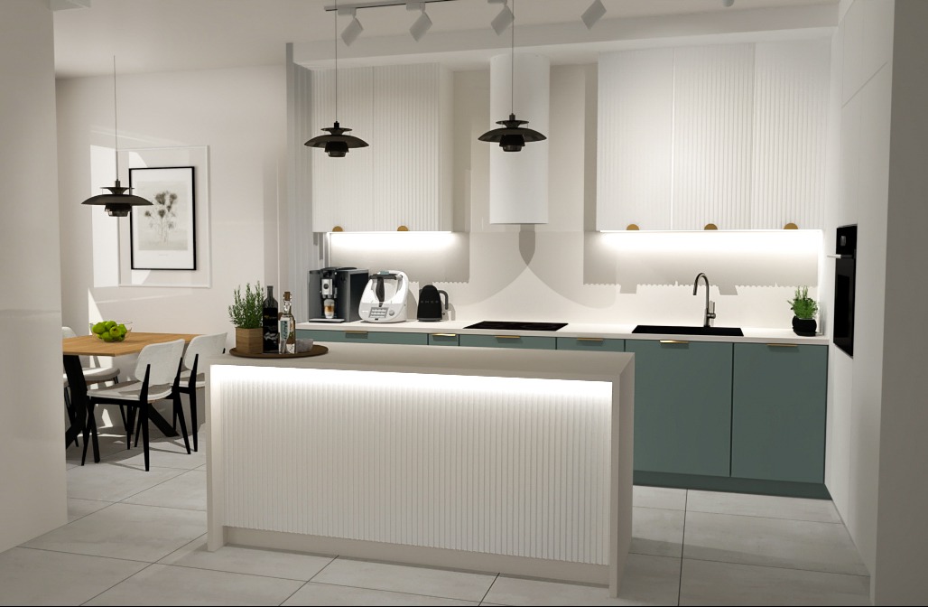 Nowoczesna kuchnia z wyspą oświetloną od dołu, białe szafki górne z subtelnymi złotymi uchwytami, turkusowe szafki dolne, czarne lampy wiszące i stół z krzesłami w tle.