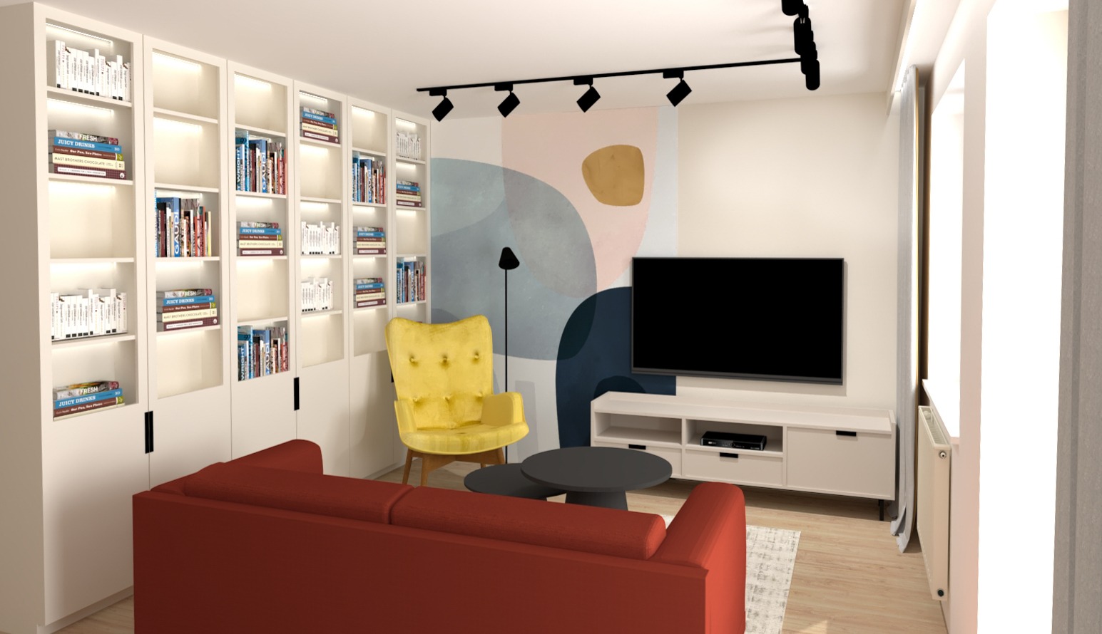Wizualizacja salonu z zabudową biblioteczną, żółtym fotelem i czerwoną sofą na tle abstrakcyjnej tapety.