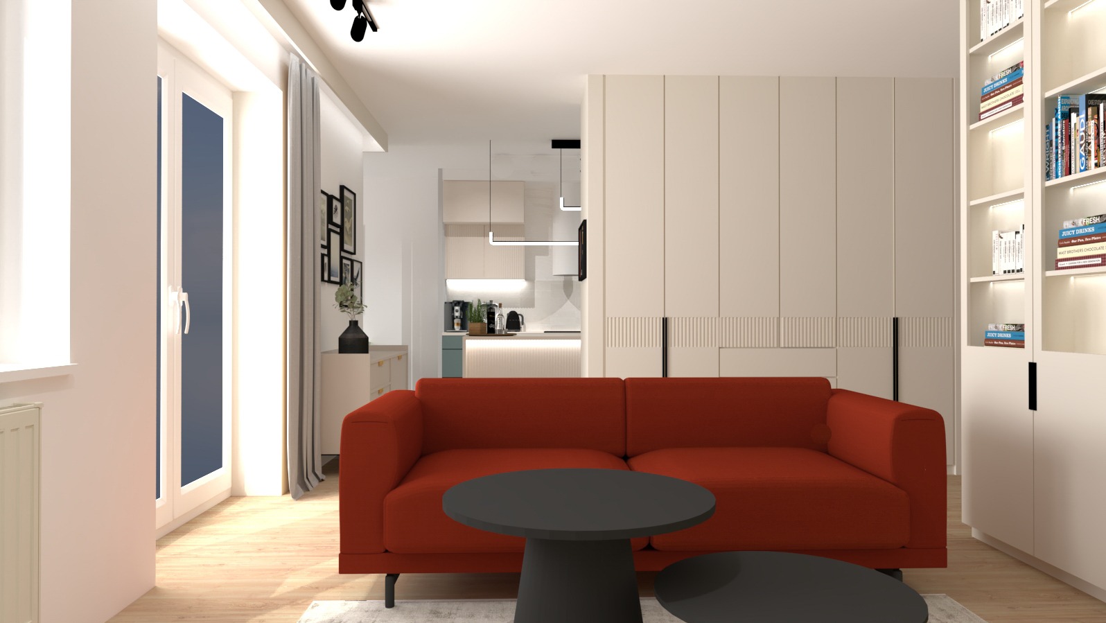 Wnętrze mieszkania w neutralnych barwach z akcentem w postaci rdzawej sofy i okrągłych stolików kawowych na tle otwartej kuchni z wyspą.