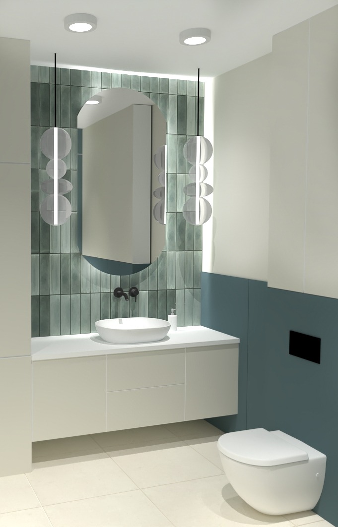 Nowoczesna łazienka z umywalką nablatową, okrągłym lustrem z podświetleniem LED, wiszącą toaletą i dekoracyjnymi lampami wiszącymi w kształcie kul, na tle pionowych płytek w odcieniach zieleni...