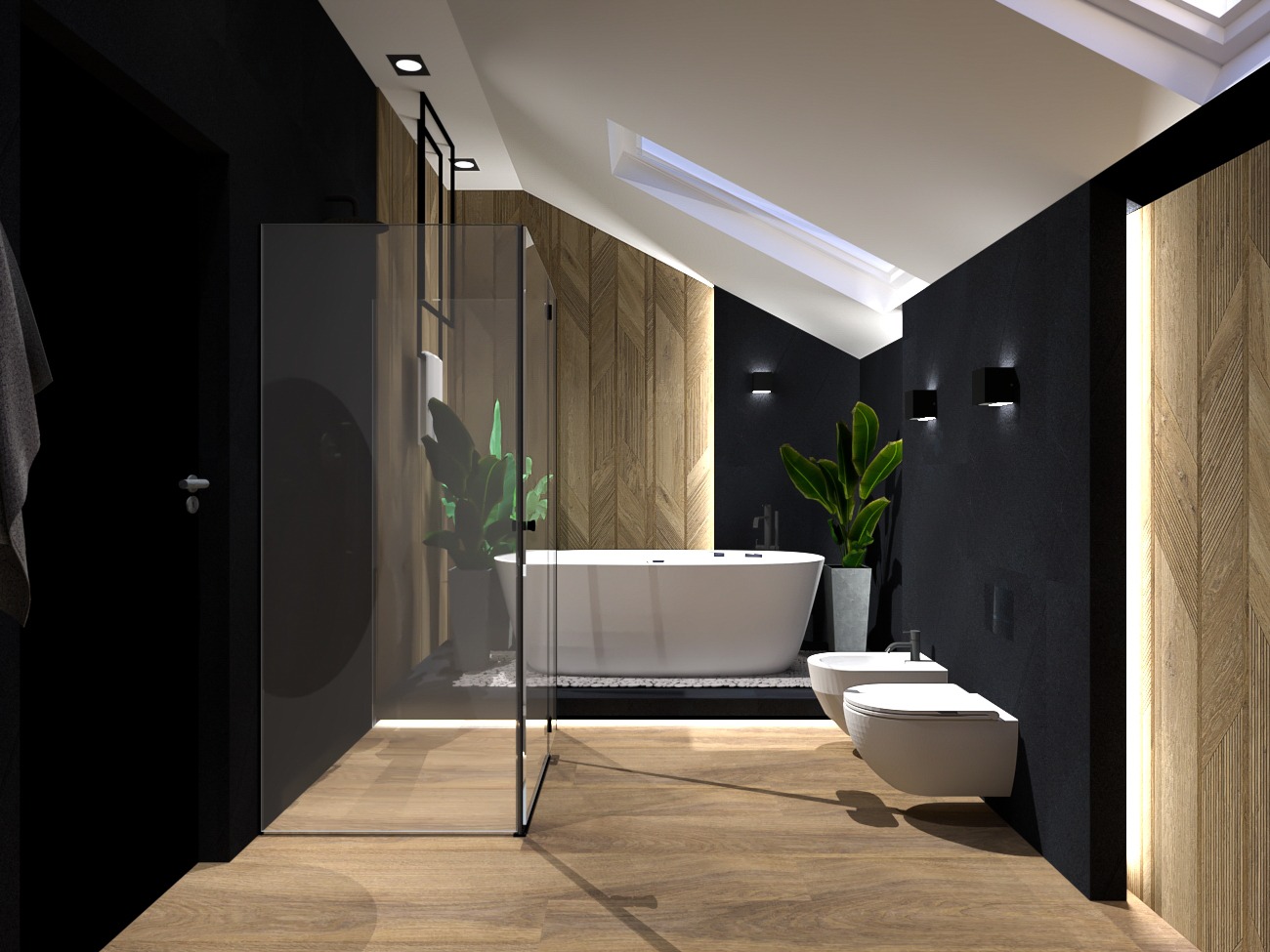 Nowoczesna łazienka na poddaszu z drewnianą podłogą i ścianą w jodełkę, czarne ściany, biała wanna wolnostojąca, toaleta i bidet, szklana kabina prysznicowa oraz roślina doniczkowa podświetlona...
