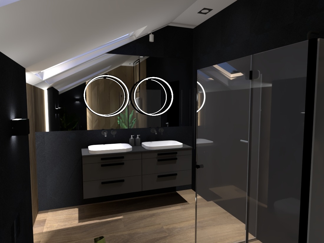 Nowoczesna łazienka w Łodzi z podwójną umywalką nablatową na szarej szafce, okrągłymi lustrami z podświetleniem LED i kabiną prysznicową typu walk-in.
