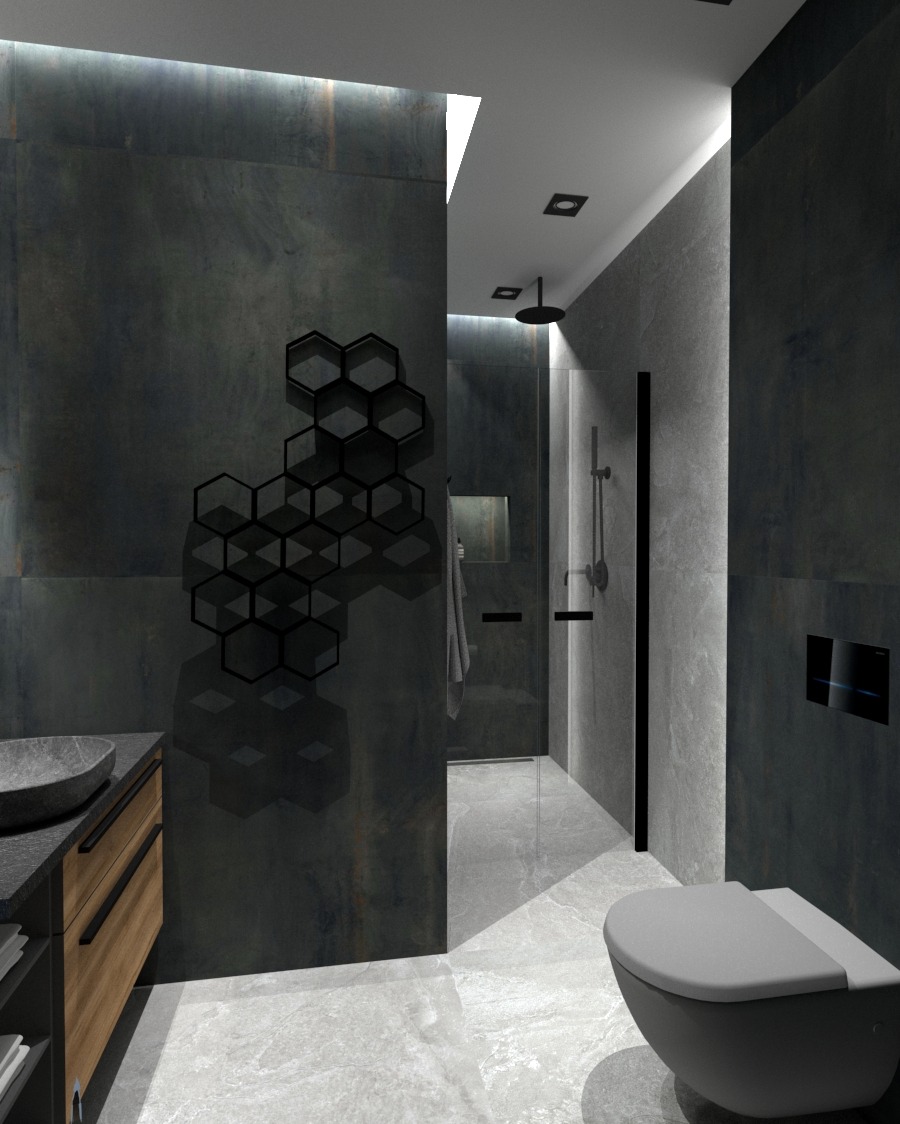 Wizualizacja nowoczesnej łazienki z ciemnymi płytkami imitującymi metal, dekoracyjnym panelem ściennym z heksagonów, wiszącą toaletą i kabiną prysznicową ze szklanymi drzwiami.