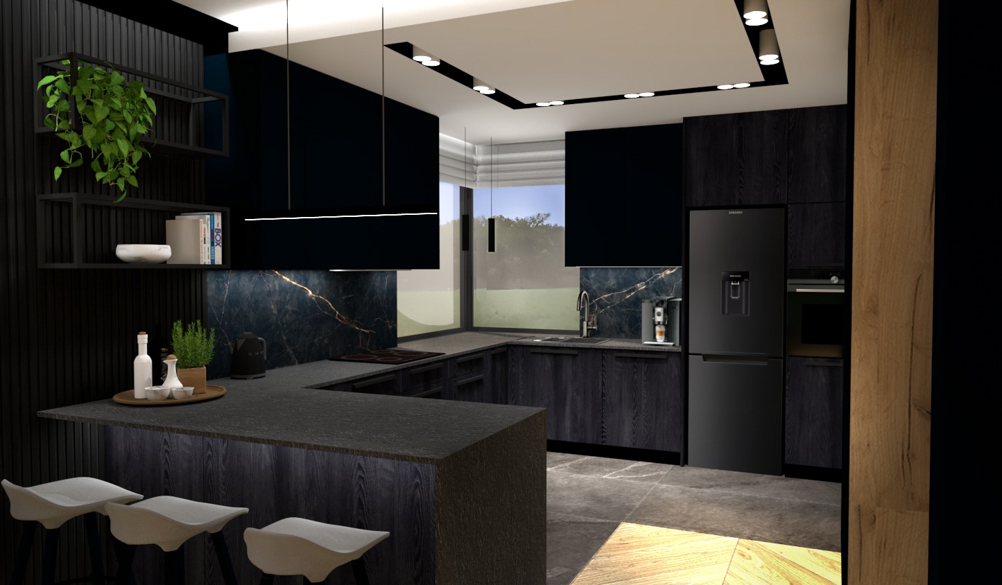 Wizualizacja nowoczesnej, czarnej kuchni z marmurowym blatem, trzema białymi hokerami i roślinami doniczkowymi na półce.