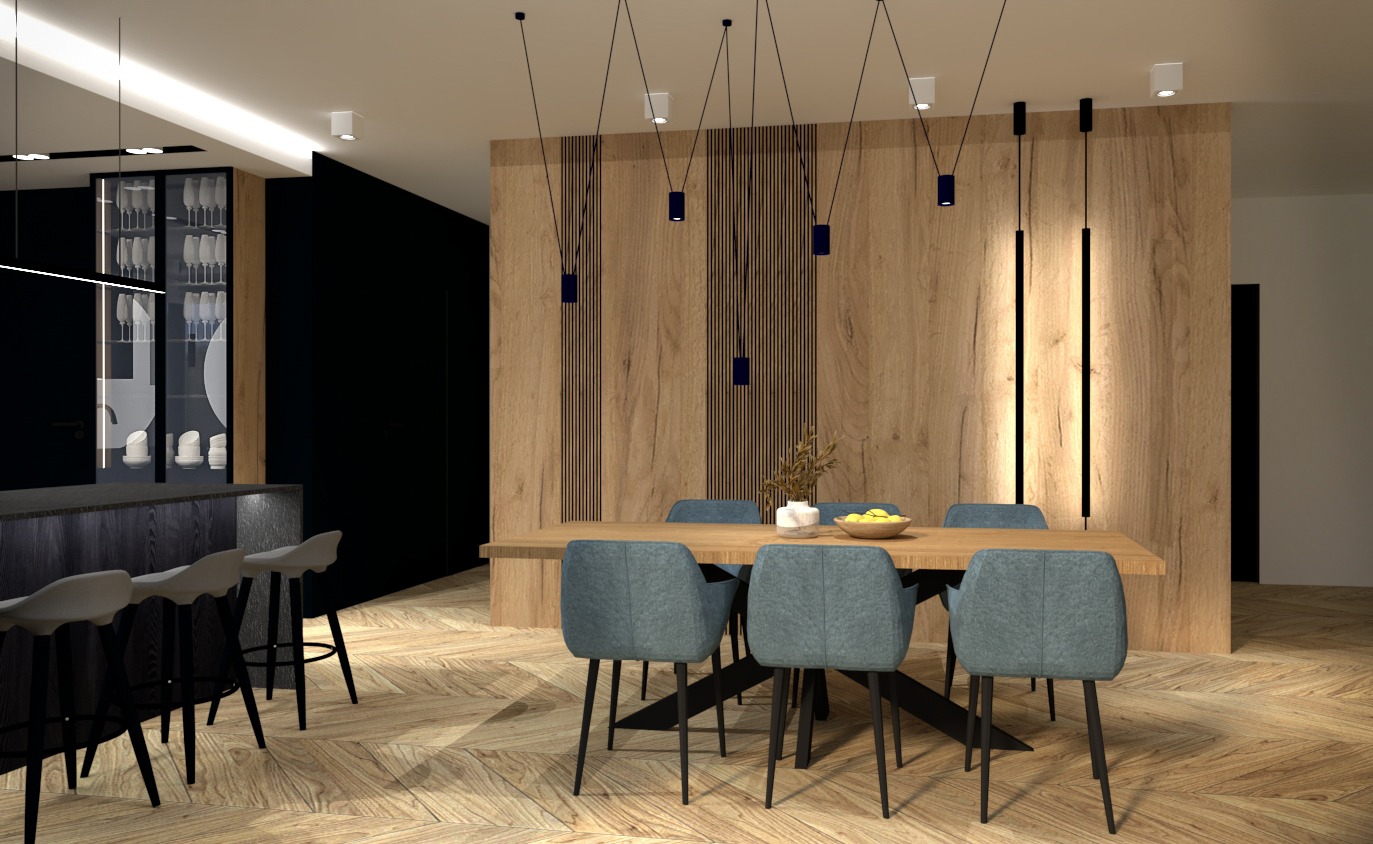 Wizualizacja jadalni z drewnianą ścianą z pionowymi czarnymi paskami, nowoczesnym oświetleniem wiszącym, stołem z sześcioma krzesłami w odcieniach szarości i niebieskiego oraz parkietem ułożonym...