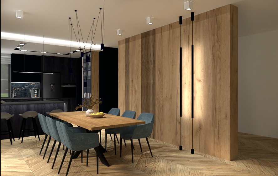 Wizualizacja jadalni z drewnianym stołem, krzesłami w kolorze niebieskim, oświetleniem sufitowym i drewnianą ścianą z pionowymi czarnymi lampami, w tle widoczna czarna kuchnia.