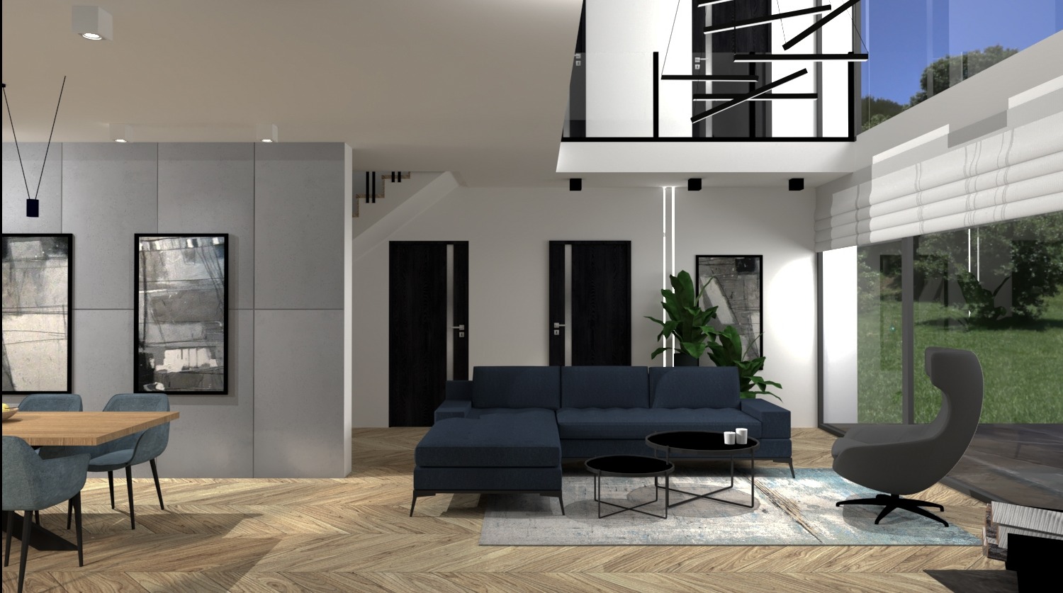 Wizualizacja przestronnego salonu z jadalnią, z dużym narożnikiem w odcieniach granatu, szarym fotelem typu 'egg', drewnianą podłogą w jodełkę i minimalistycznym oświetleniem.