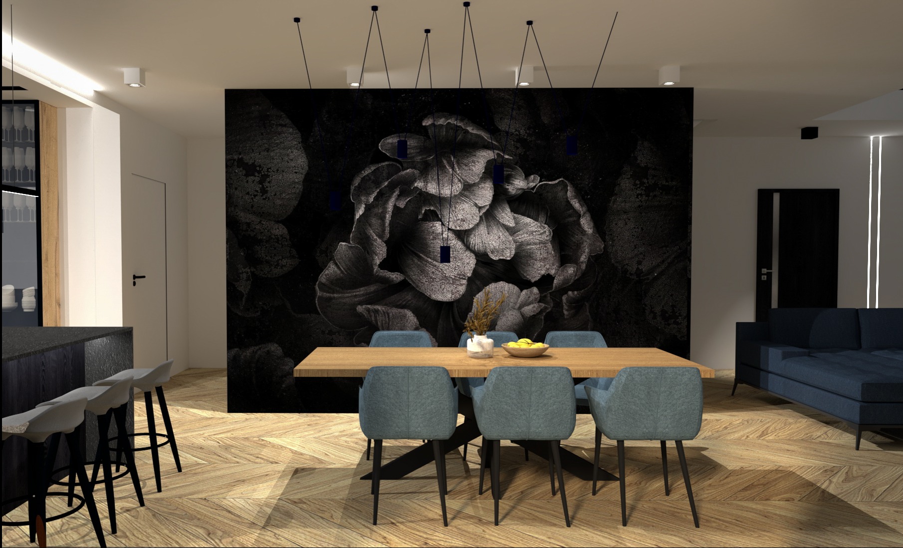 Wizualizacja jadalni z drewnianym stołem, sześcioma szarymi krzesłami i fototapetą z motywem kwiatowym na ścianie, oświetlona wiszącymi lampami punktowymi.