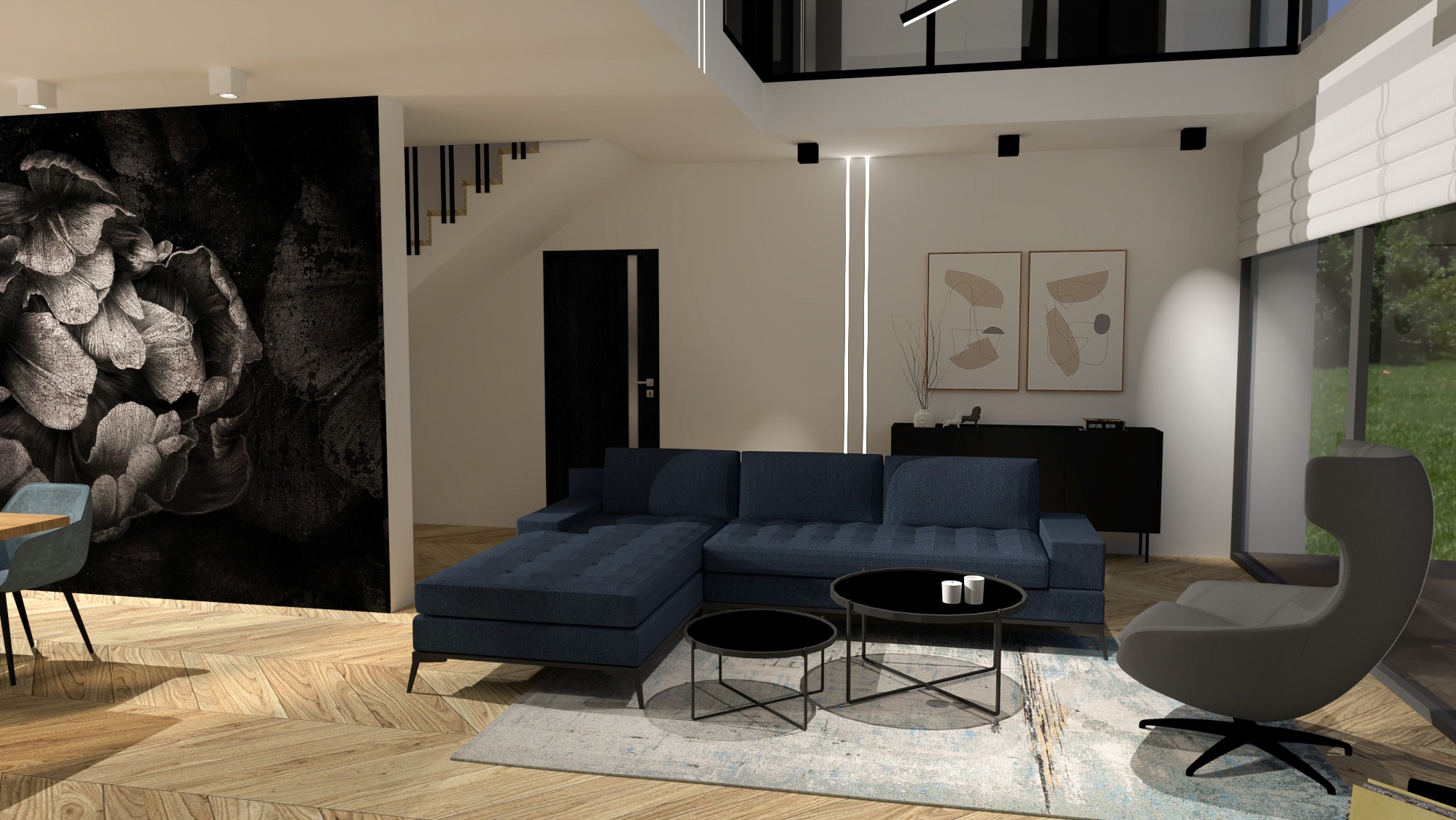 Nowoczesny salon z narożną sofą w odcieniach granatu, dwoma okrągłymi stolikami kawowymi z czarnymi blatami, szarym fotelem obrotowym i parkietem ułożonym w jodełkę francuską; na ścianie fototapeta...