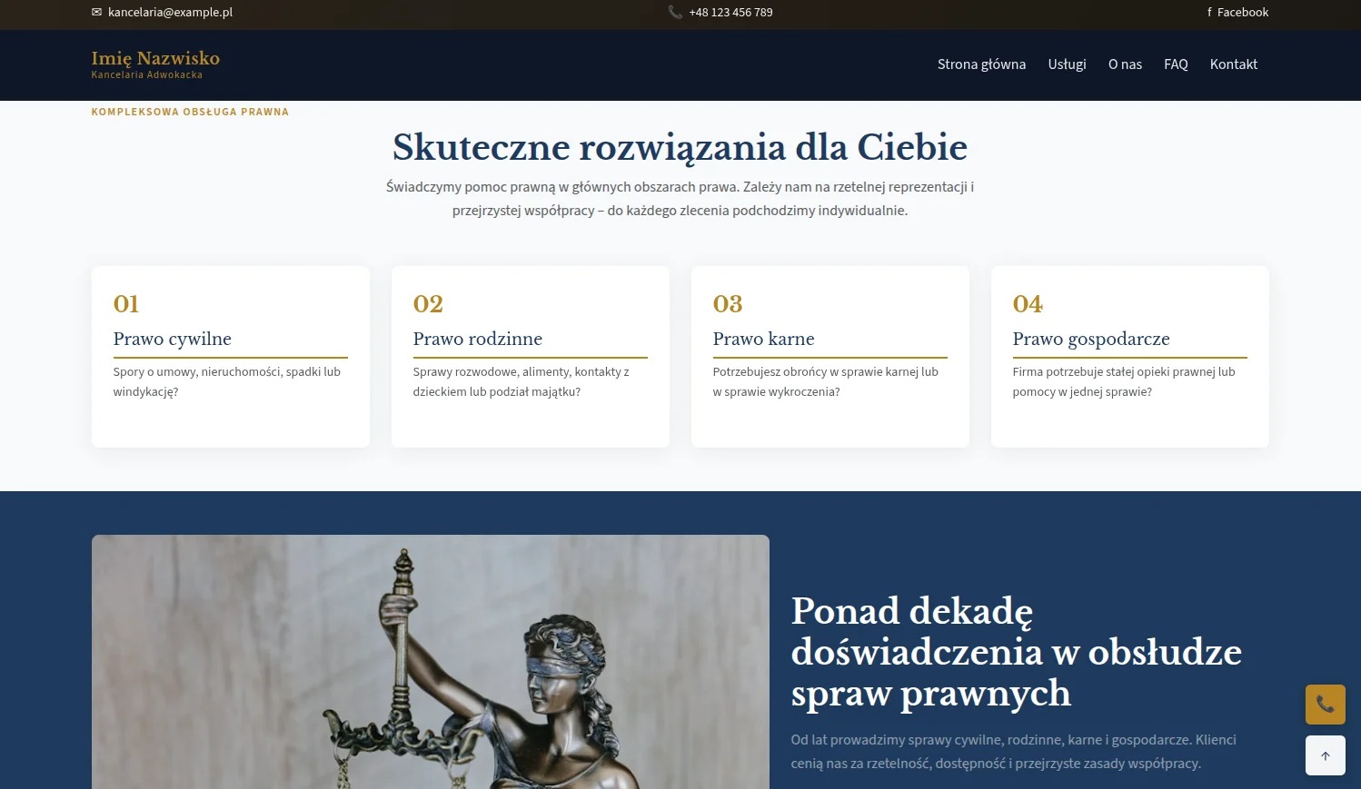 Nowoczesna strona internetowa kancelarii adwokackiej z podziałem na prawo cywilne, rodzinne, karne i gospodarcze. W tle statua Temidy.