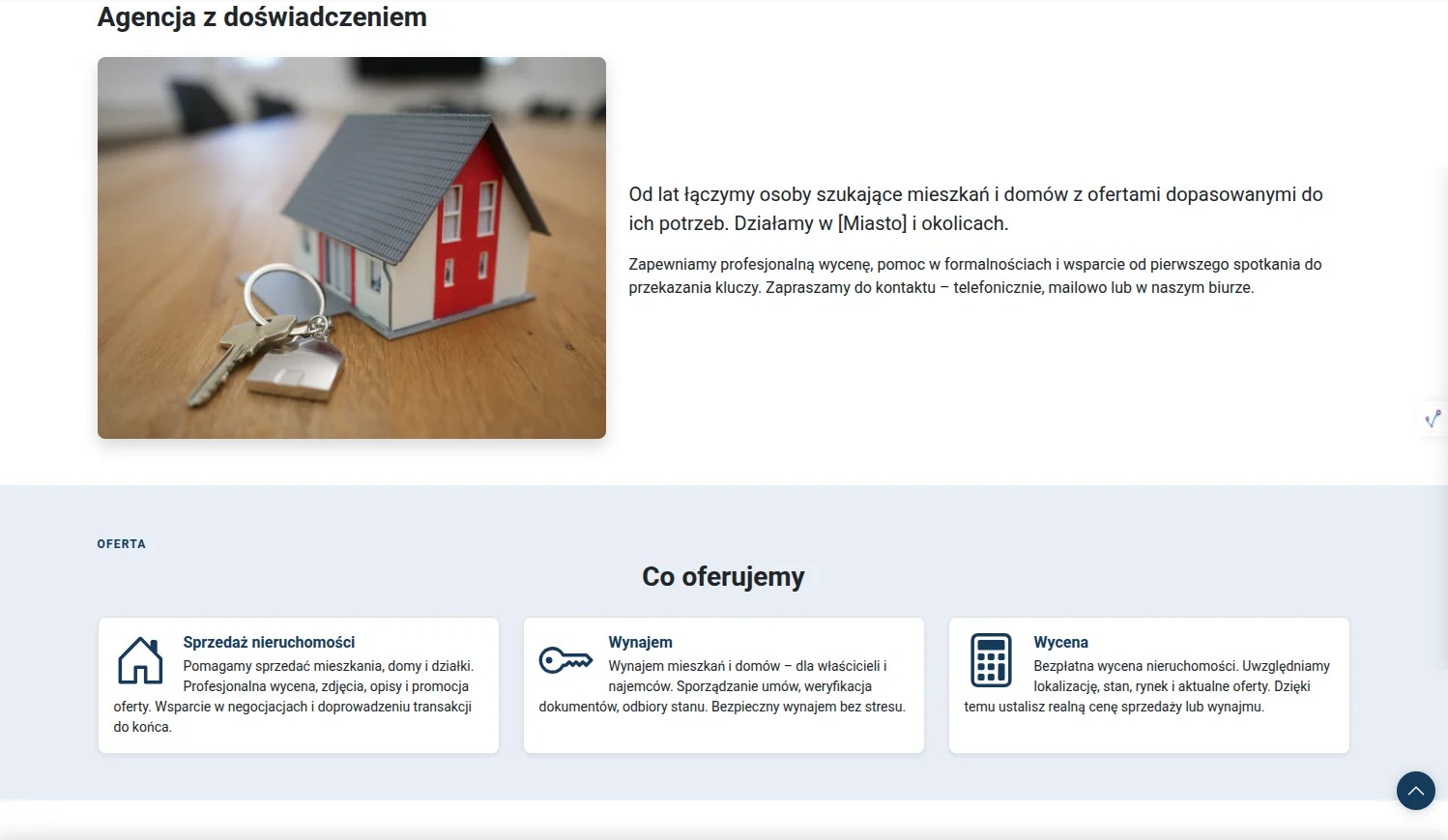 Model domu z kluczami na drewnianym stole, prezentowany na stronie agencji nieruchomości. Oferta sprzedaży, wynajmu i wyceny nieruchomości.