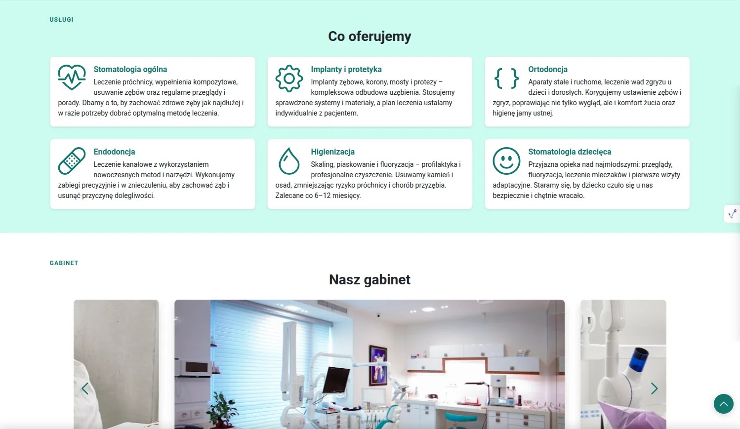 Strona internetowa gabinetu stomatologicznego prezentująca ofertę usług: stomatologia ogólna, implanty, ortodoncja, endodoncja, higienizacja i stomatologia dziecięca.