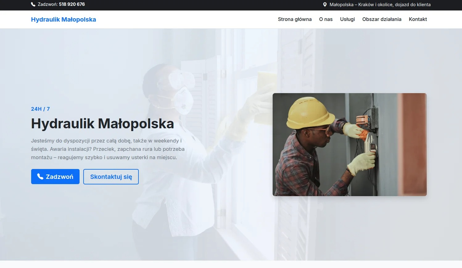 Strona internetowa firmy Hydraulik Małopolska z wizerunkiem hydraulika w kasku podczas pracy przy instalacji elektrycznej. Widoczne przyciski 'Zadzwoń' i 'Skontaktuj się'.