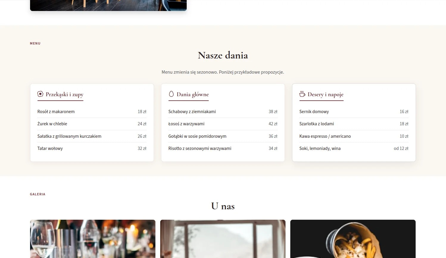 Elegancki układ menu restauracji online z podziałem na przekąski, dania główne i desery, prezentujący ceny i sezonowe propozycje w jasnej, minimalistycznej stylistyce.
