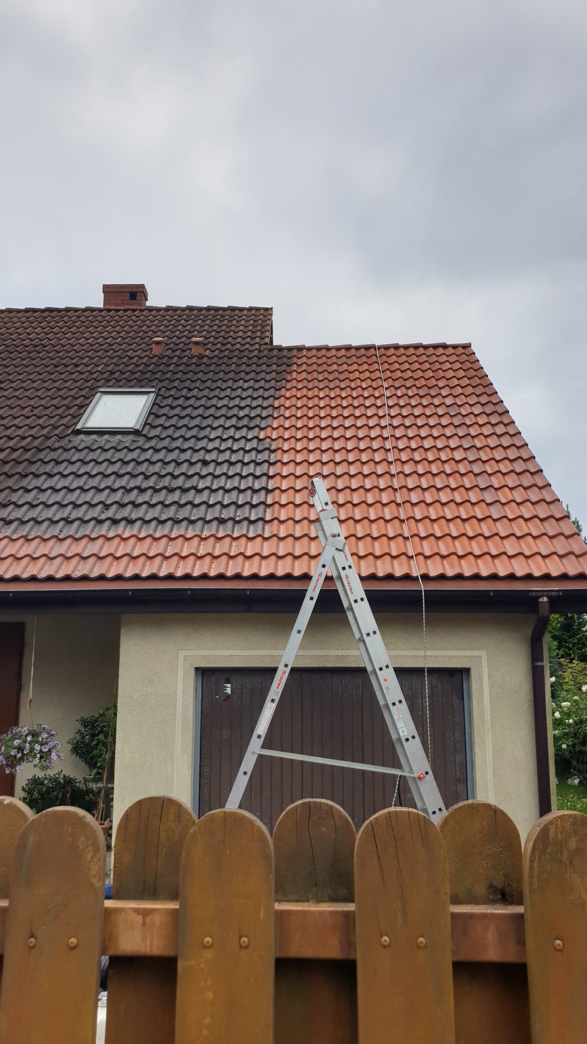 Częściowo oczyszczony dach z czerwonej dachówki, widoczna drabina aluminiowa, połowa dachu ciemna i zabrudzona, druga połowa czysta i jasna, drewniany płot na pierwszym planie.