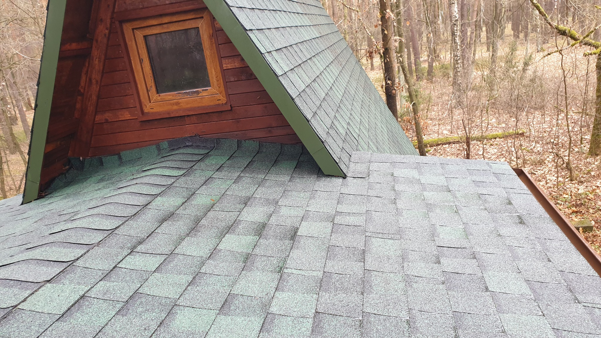 Fragment dachu krytego gontem bitumicznym w odcieniach szarości i zieleni, z widocznym drewnianym oknem poddaszowym i drzewami w tle.