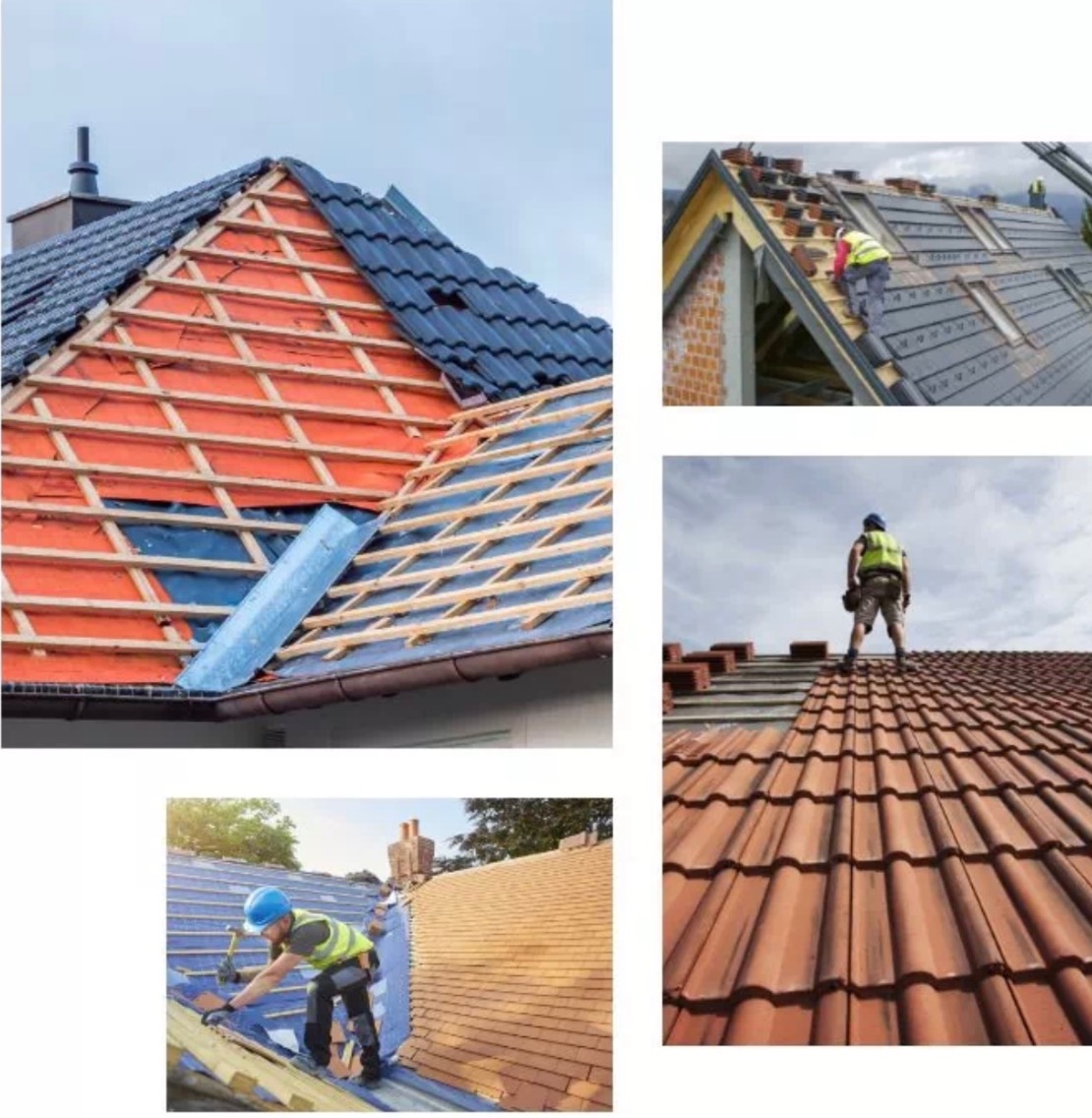Kompozycja czterech zdjęć przedstawiających etapy prac dekarskich: konstrukcja dachu z izolacją, montaż dachówki ceramicznej i betonowej, oraz dekarz pracujący na dachu z narzędziami.