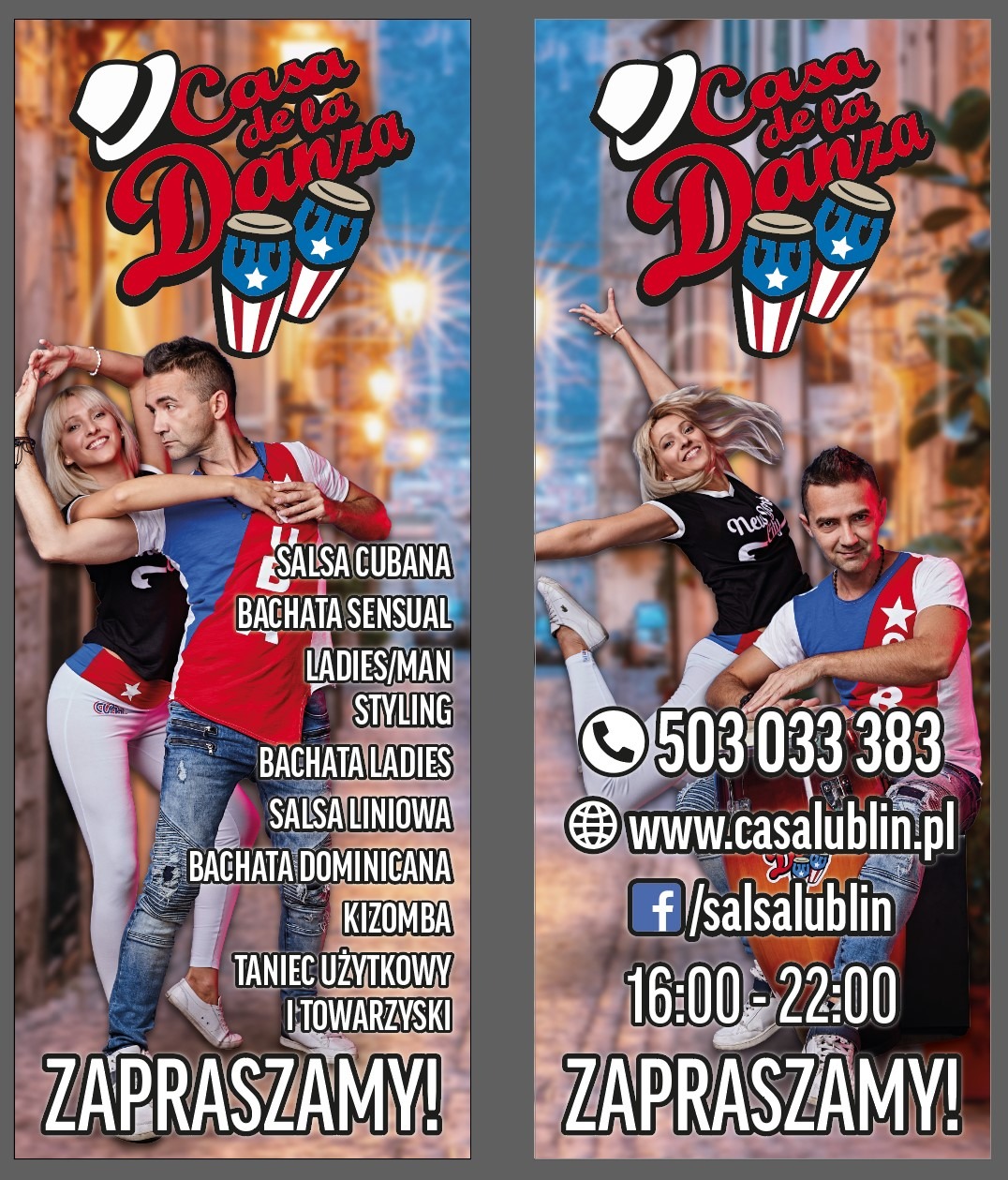 Plakat reklamowy z parą tancerzy w dynamicznych pozach, logo 'Casa de la Danza' i informacjami kontaktowymi, promujący salsę kubańską, bachatę i inne style taneczne.