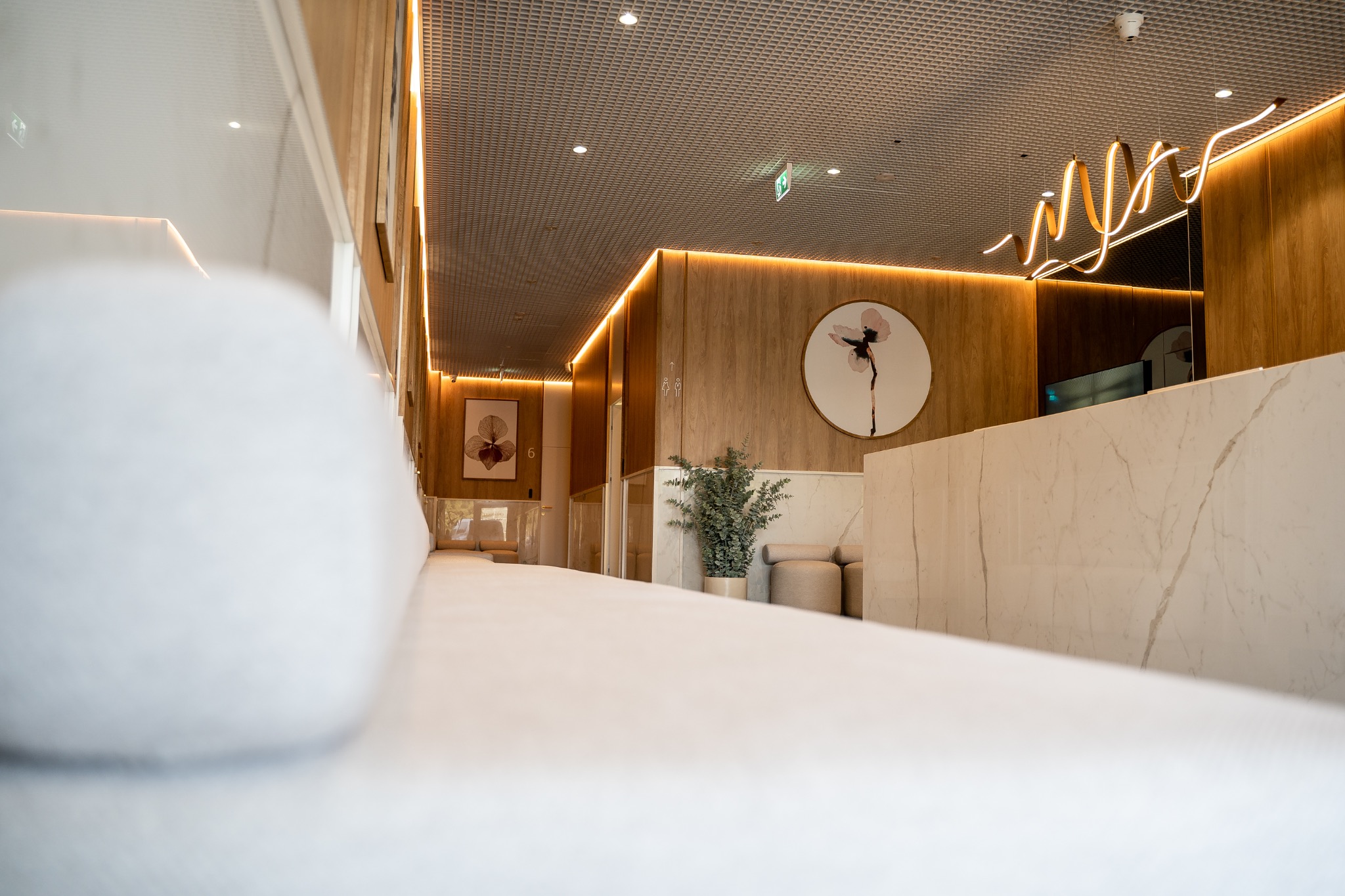 Nowoczesne wnętrze kliniki z marmurową ladą recepcyjną, drewnianymi panelami, designerskim oświetleniem i subtelnymi dekoracjami roślinnymi oraz obrazami kwiatowymi.