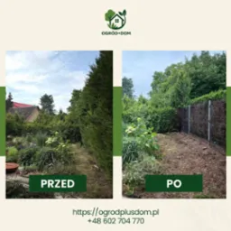 Pielęgnacja ogrodu w Michałowicach: porównanie 'przed' i 'po' - uporządkowana przestrzeń, usunięte chwasty, przygotowane podłoże, schludny wygląd.