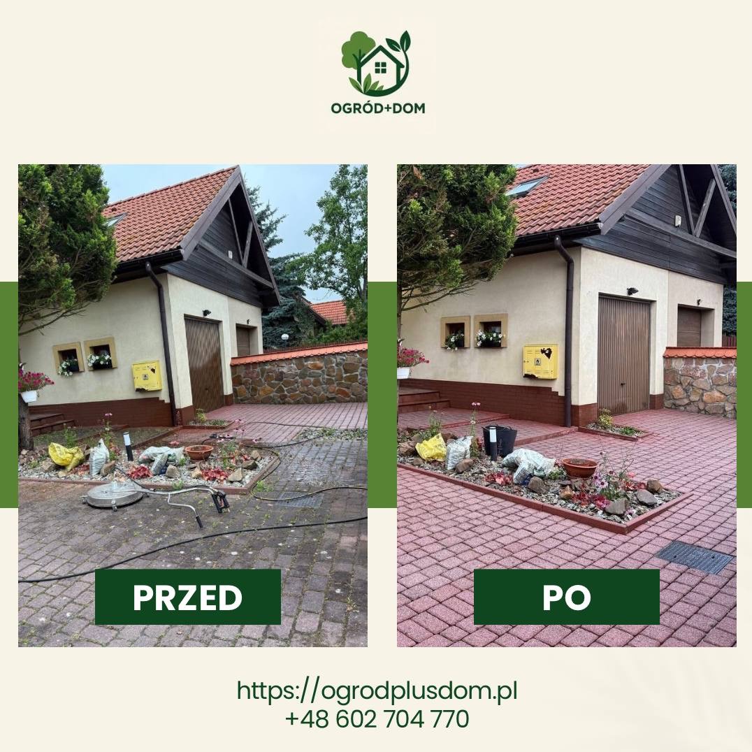 Mycie kostki brukowej: efekt 'przed i po' na posesji z beżowym domem i czerwoną kostką. Po prawej stronie wyczyszczona kostka, po lewej zabrudzona.