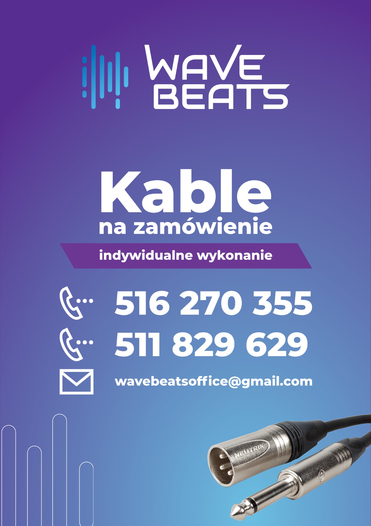 Grafika reklamowa firmy Wave Beats oferującej kable na zamówienie, z widocznymi numerami telefonów, adresem email oraz zbliżeniem na złącza kabla audio Neutrik.