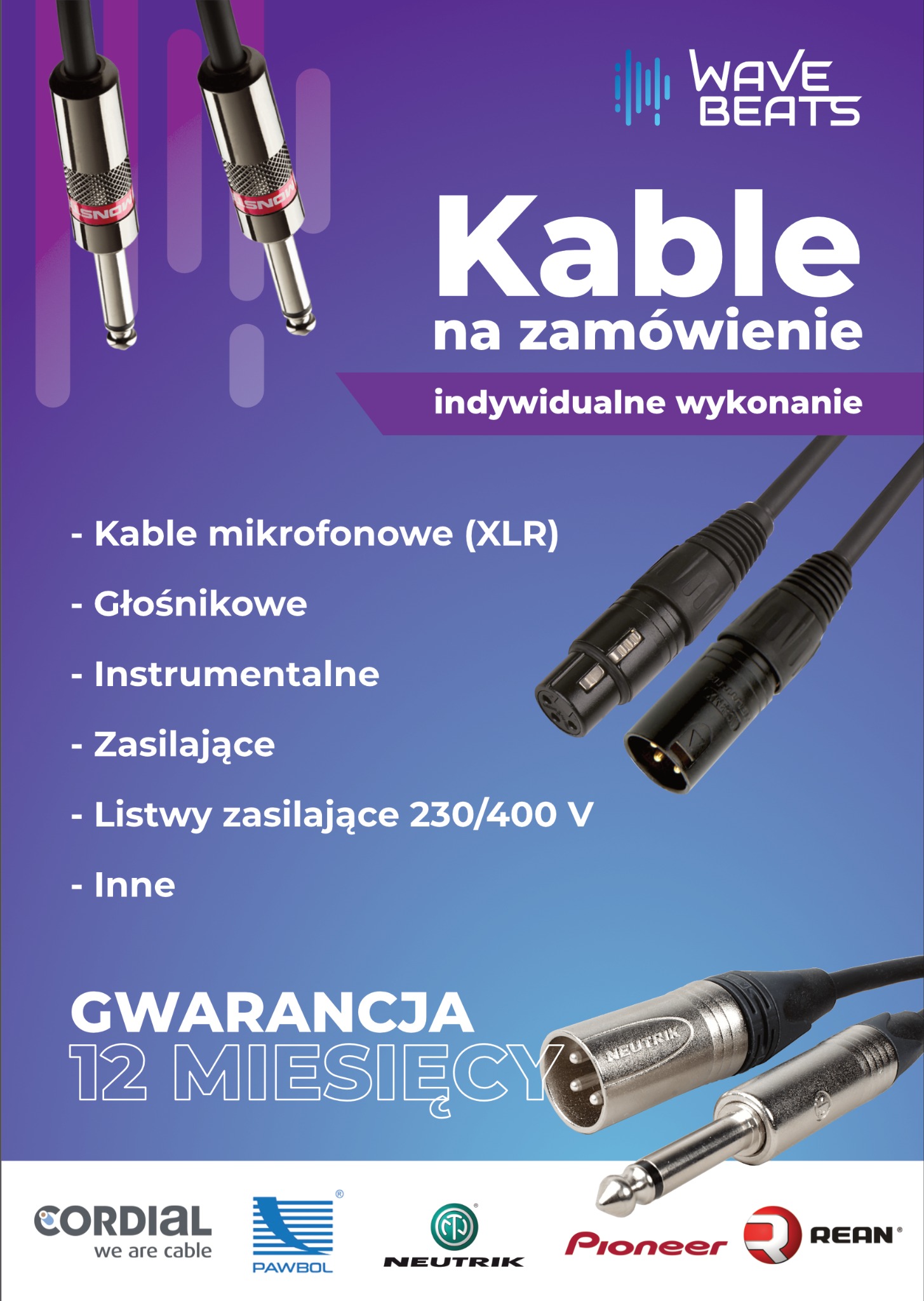 Grafika reklamowa prezentująca różnego rodzaju kable audio, w tym mikrofonowe XLR i instrumentalne, z logo Wave Beats oraz informacją o gwarancji 12 miesięcy.