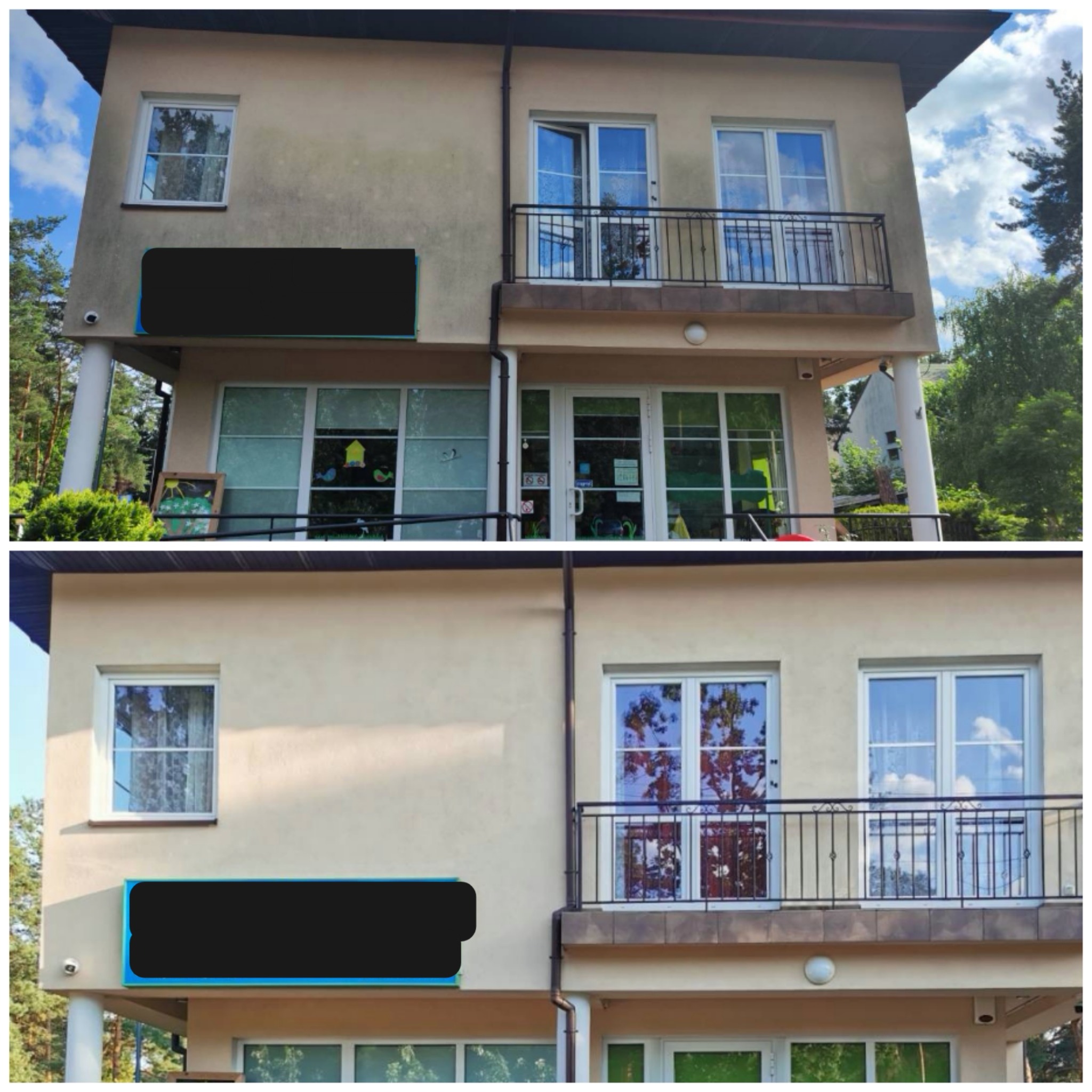 Dwu kondygnacyjny budynek z beżową elewacją, widoczne okna z białymi ramami, balkony z czarną balustradą, rynny i kamery monitoringu, na oknach naklejki z motywami dziecięcymi, zamazany szyld...