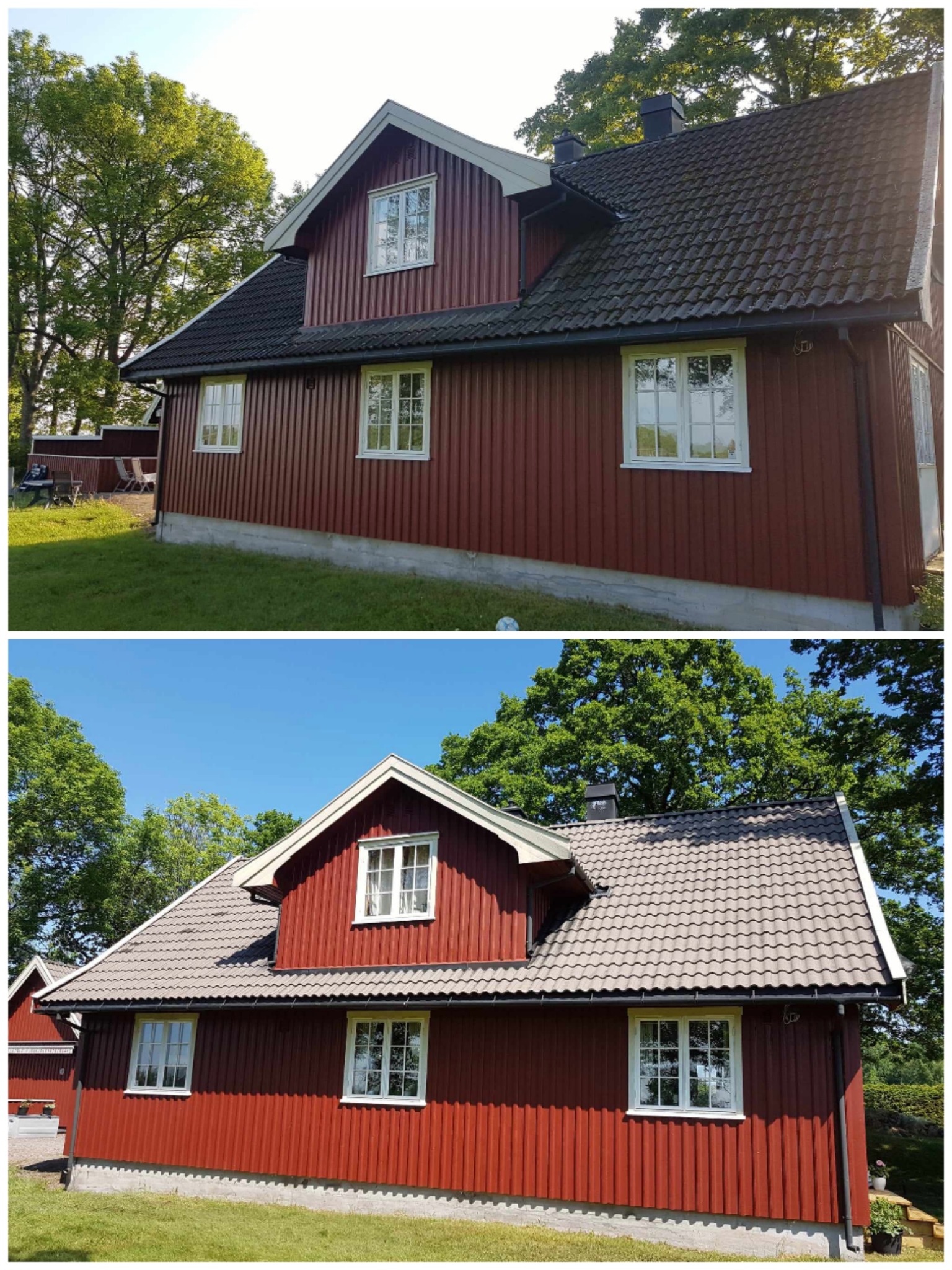 Porównanie stanu dachu i elewacji domu przed i po renowacji: górne zdjęcie pokazuje ciemny, zabrudzony dach i elewację, a dolne zdjęcie prezentuje odnowiony, czysty dach i świeżo pomalowaną...