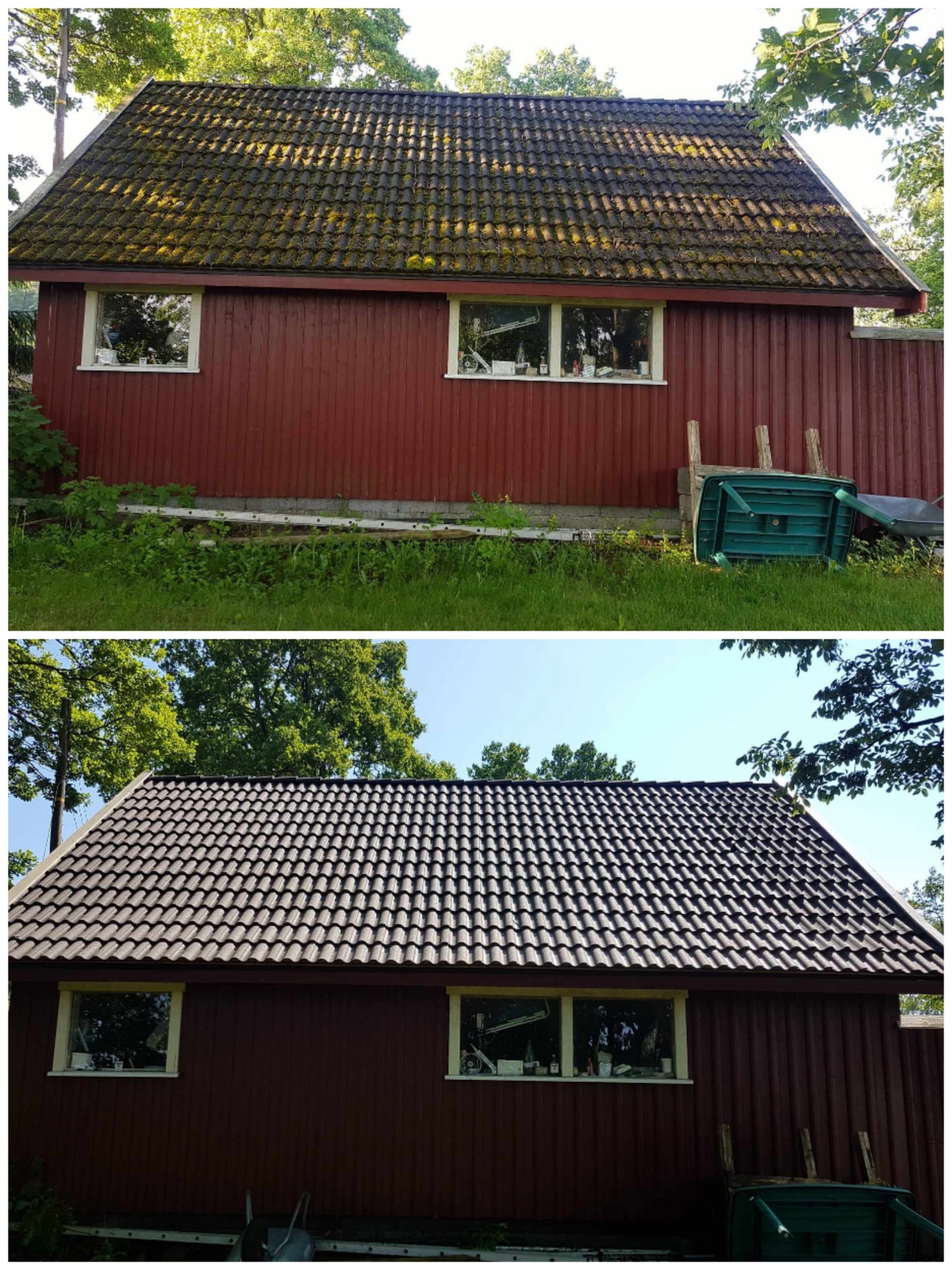 Porównanie dachu przed i po czyszczeniu: dachówka pokryta mchem i zanieczyszczeniami kontra czysta, brązowa dachówka. Widoczne drewniane ściany budynku pomalowane na kolor bordowy.