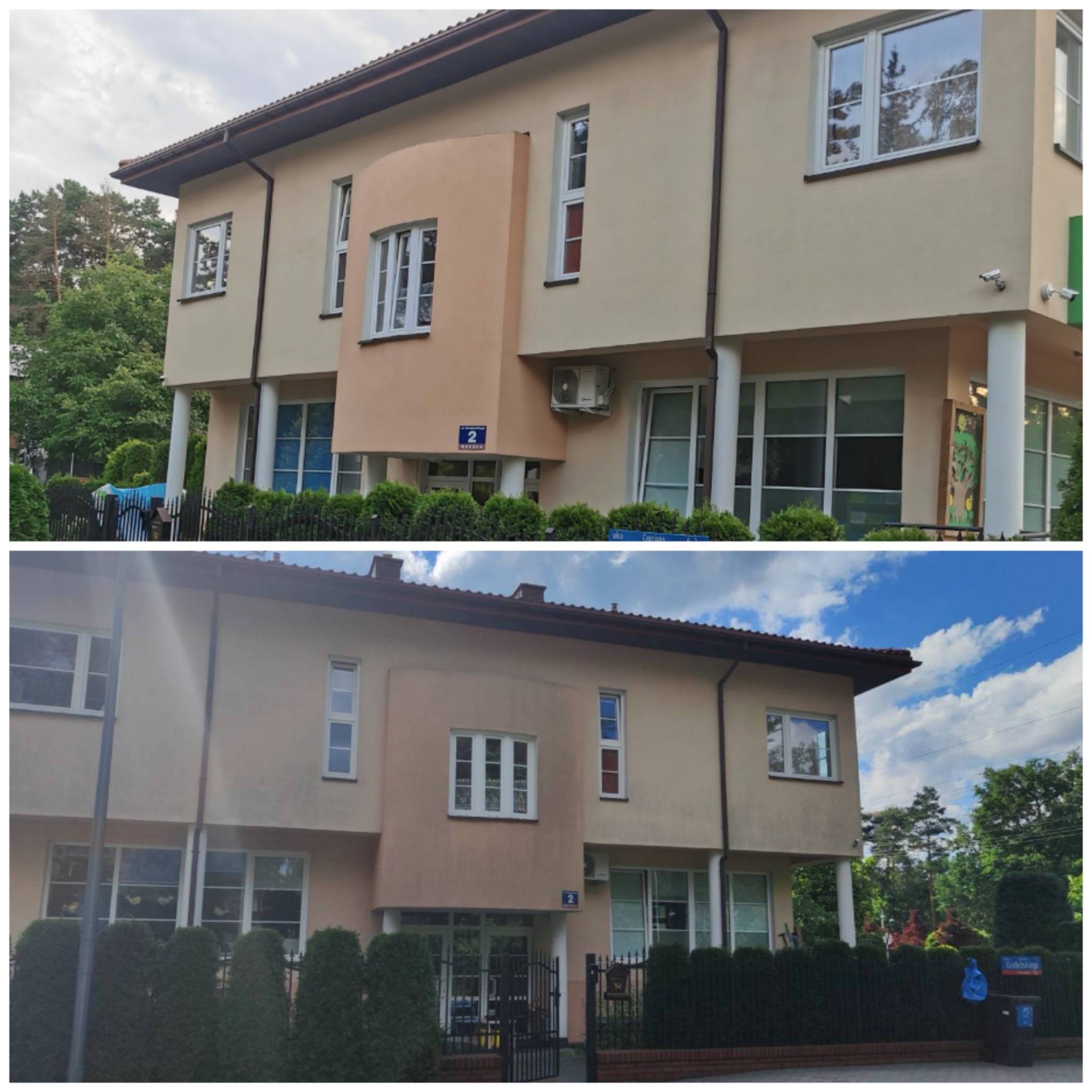 Dwukondygnacyjny budynek o kremowej elewacji z jasnobrązowym elementem architektonicznym, widoczne okna, klimatyzacja zewnętrzna, numer budynku '2' oraz zadbany żywopłot wzdłuż ogrodzenia.