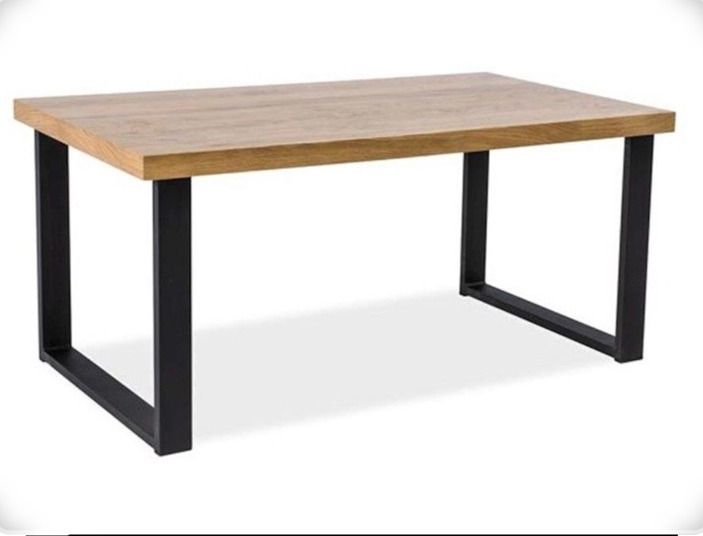 Stół z blatem z jasnego drewna i czarnymi, metalowymi nogami w kształcie litery U, minimalistyczny design.