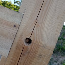 Łukasz Mazurek - Fragment drewnianej konstrukcji dachu z widocznym pęknięciem i otworem, element więźby dachowej w trakcie montażu na tle zieleni.