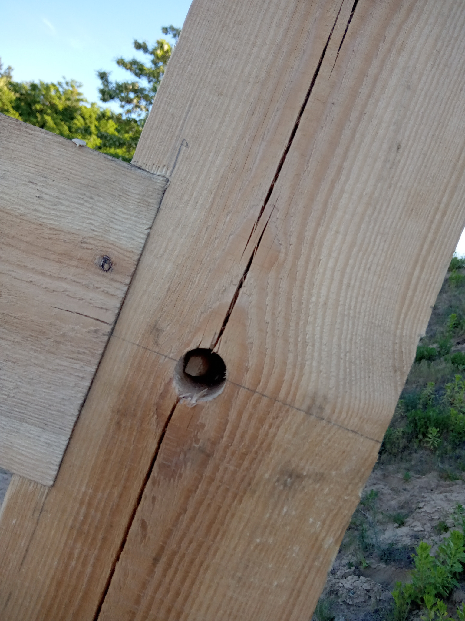 Fragment drewnianej konstrukcji dachu z widocznym pęknięciem i otworem, element więźby dachowej w trakcie montażu na tle zieleni.