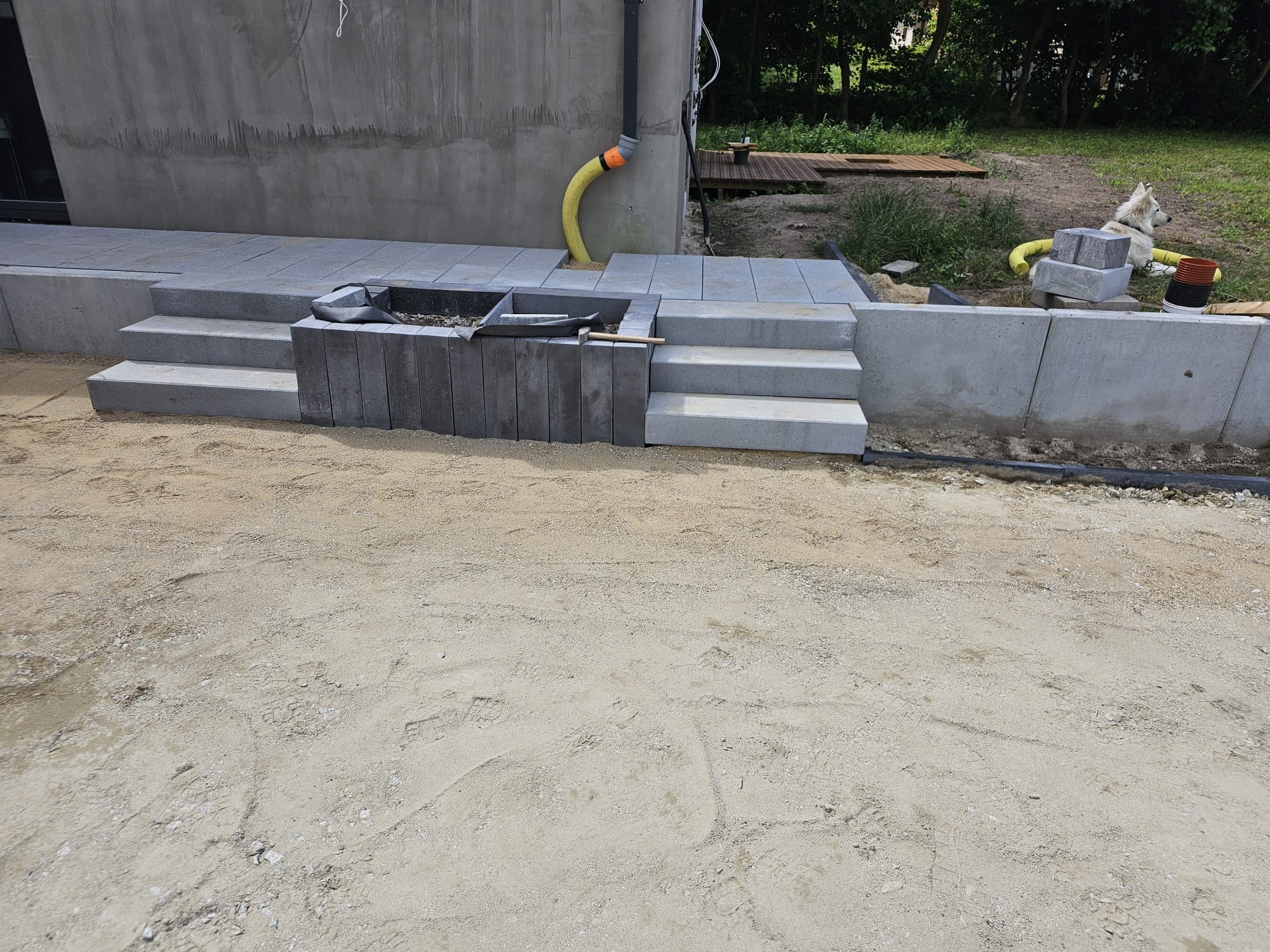 Betonowe schody wejściowe do domu w trakcie budowy, z elementami kostki ułożonymi na piasku, widoczny fragment rury spustowej i biały pies leżący w tle.