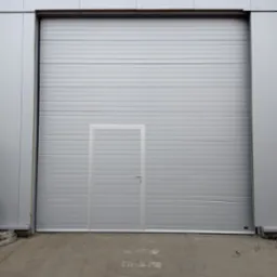 Szara brama przemysłowa z wbudowanymi drzwiami dla pieszych, widoczna z zewnątrz budynku w Raciechowicach.