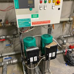 Dom-Tech Jakub Urbański - Dwie pionowe pompy Wilo z zielonymi silnikami, podłączone do rur, z panelem sterowania SmartControl Fire 2x16A E z przyciskami i naklejkami ostrzegawczymi, zainstalowane w pomieszczeniu technicznym.