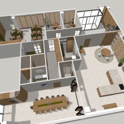 OsO Design - Wizualizacja 3D przekroju biura z open space, salami konferencyjnymi, kuchnią i łazienką, widok z góry.