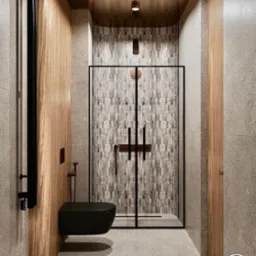 Nowoczesna łazienka z kabiną prysznicową w czarnej ramie, wisząca toaleta w kolorze czarnym, ściana z drewnianą okładziną i dekoracyjna mozaika na ścianie prysznica.
