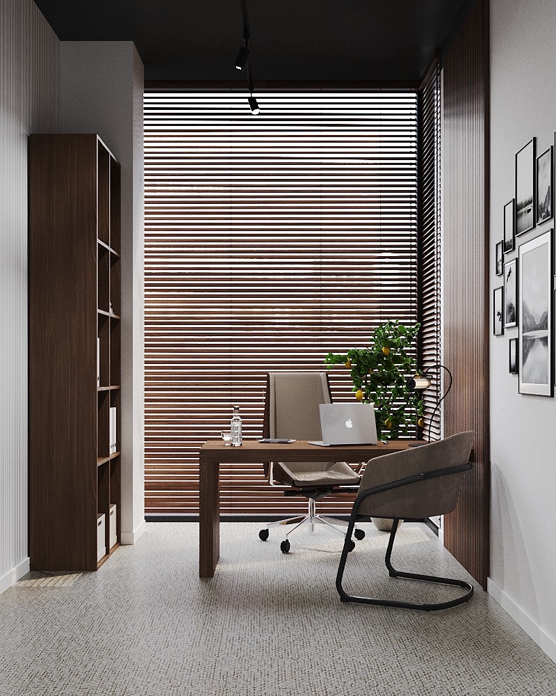 Nowoczesne biuro domowe z minimalistycznym biurkiem, laptopem, roletami poziomymi i ścianą galerii czarno-białych fotografii.